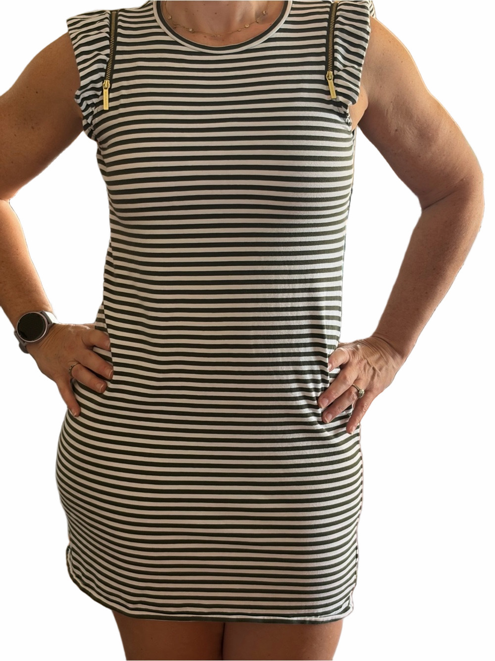 Michael Kors Olive and White Striped Sleeveless Dress | EUC | Sz S